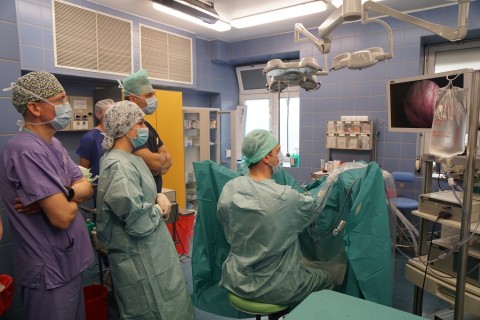 Grupa urologów podczas szkolenia w sali zabiegowej testuje laser holmowy.