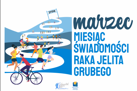 Plakat promujący miesiąc świadomości raka jelita grubego, ukazujący krętą drogę, po której ludzie biegną/jadą rowerami w kierunku życia.